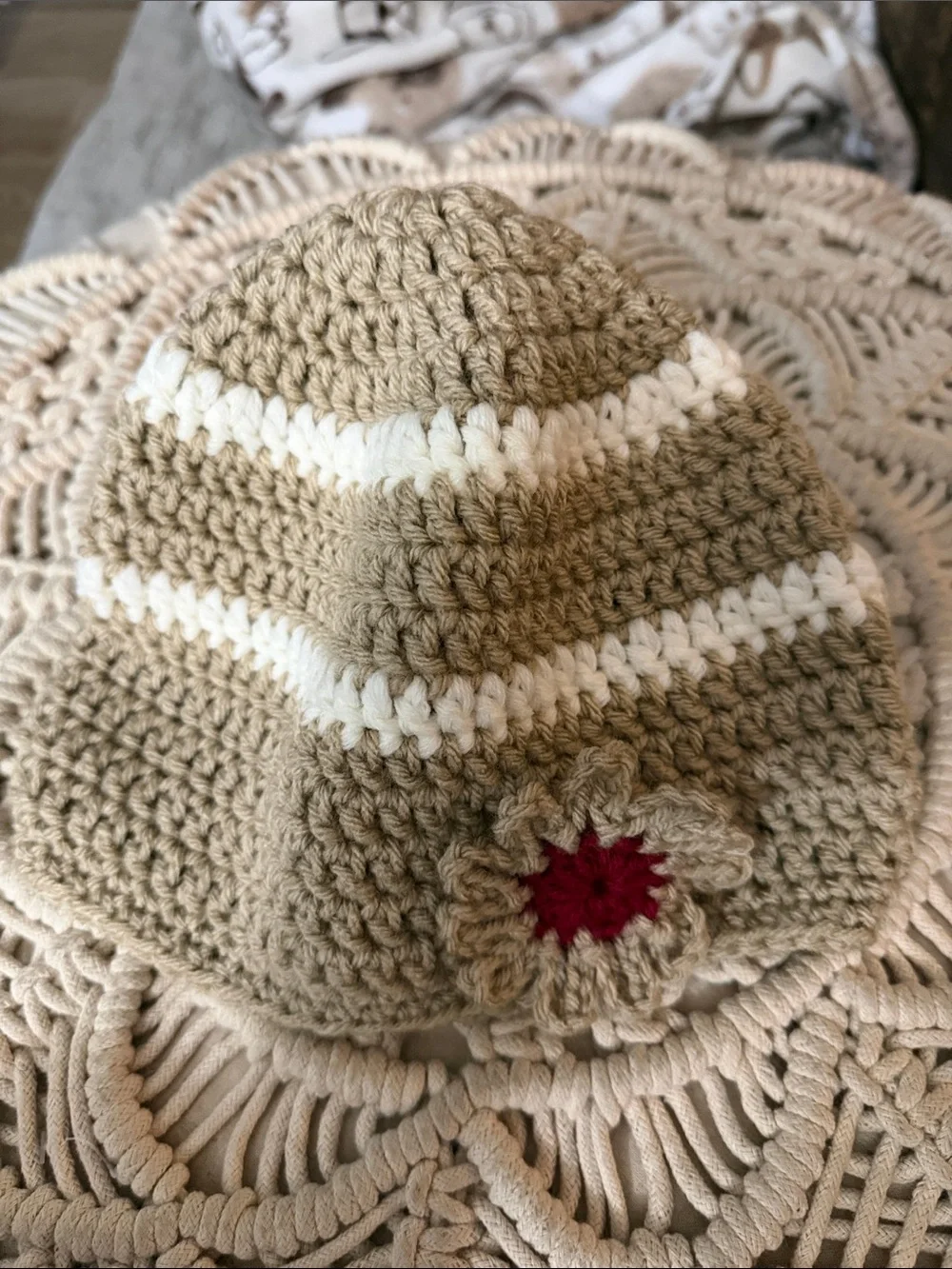 Handmade Tan Crochet Beanie with White Stripes and Red Flower